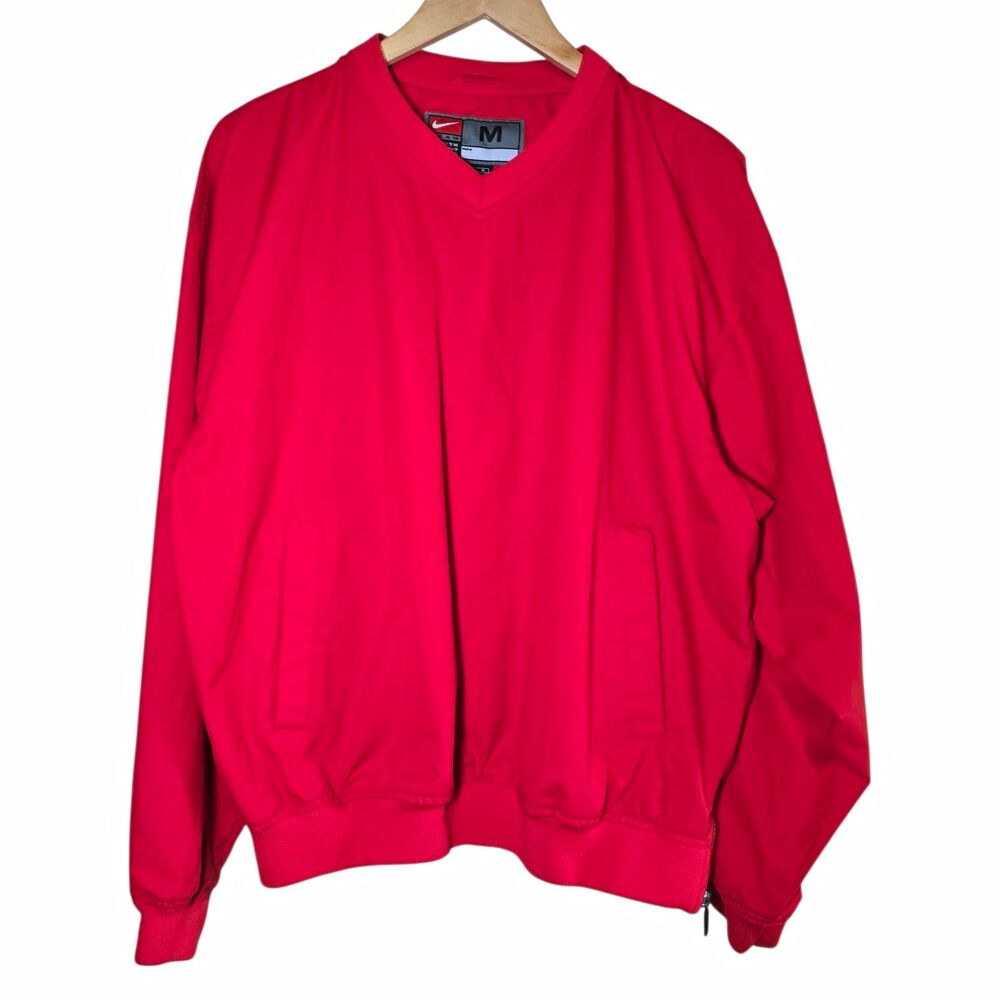 Vintage Nike Team V-Neck Windbreaker Pullover Jacket Mens Medium Red Side Zip